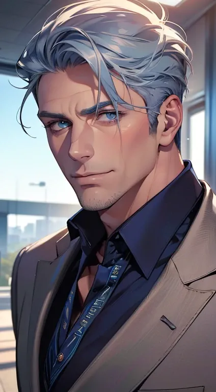 (best quality,4k,8k,highres,masterpiece:1.2),ultra-detailed,(realistic,photorealistic,photo-realistic:1.37),1 man,3,mature man,very handsome,without expression,smile,short grey blue hair,blue eyes,penetrating gaze,perfect face without errors,imposing postu...