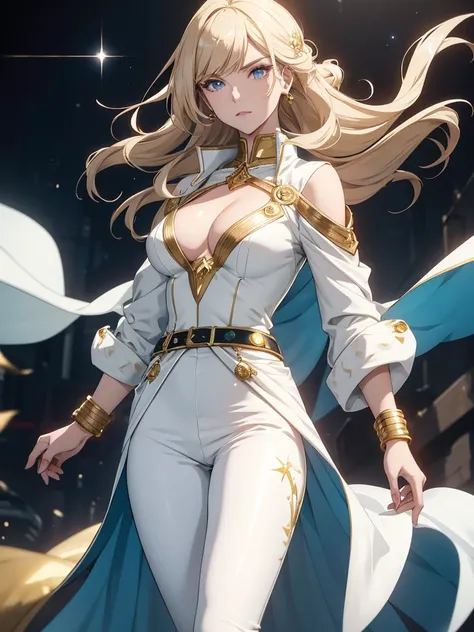 "A female anime-style character with a vintage space opera aesthetic. She has clear and radiant skin, golden wavy hair with v-shaped bangs, and bright blue eyes. She wears elegant, flowing white robes., adorned with shiny charms that reflect the light. Und...