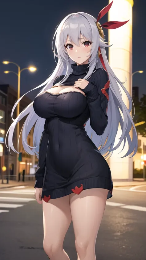 masterpiece, best quality, highres, aaev, long hair, hair ornament, large breasts, sweater dress, virgin killer sweater, street, night, long sleeves, standing