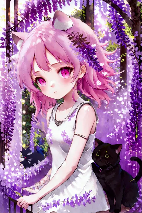 1girl, solo, cute girl with pink hair, pink eyes, wisteria flower background, soft natural light, cat ears, sleeveless white shi...