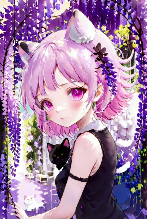 1girl, solo, cute girl with pink hair, pink eyes, wisteria flower background, soft natural light, cat ears, sleeveless white shi...