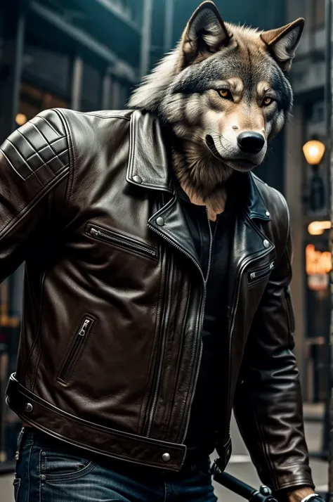 A muscular wolf character on a motorcycle and leather jacket 