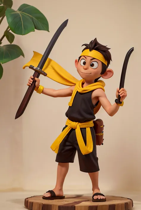 A tarsier in Disney art style. The tarsier is wearing a yellow ninja headband, yellow sando, black belt, handling a wooden sword, and yellow sandals. Full Body photo. 8k HD high quality image.

