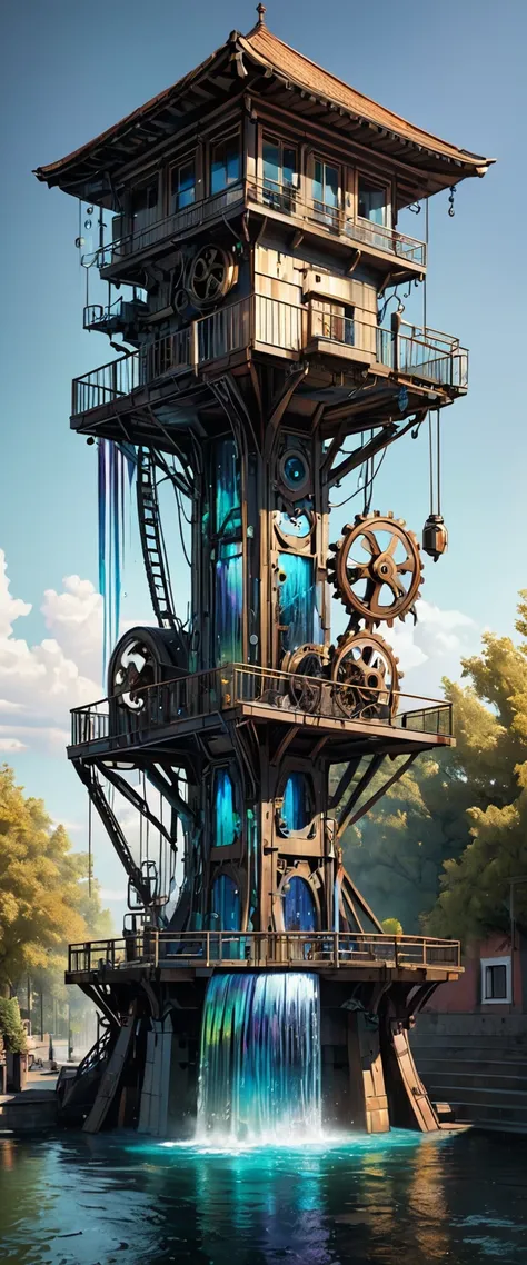 conceptual installation fantasy art, It is powered by an old retro gear mechanism that pumps water from the canal and drops it like a waterfall from the top of the tower, iridescent effects, BREAK delicate and dynamic textures, contrasts of light and shado...