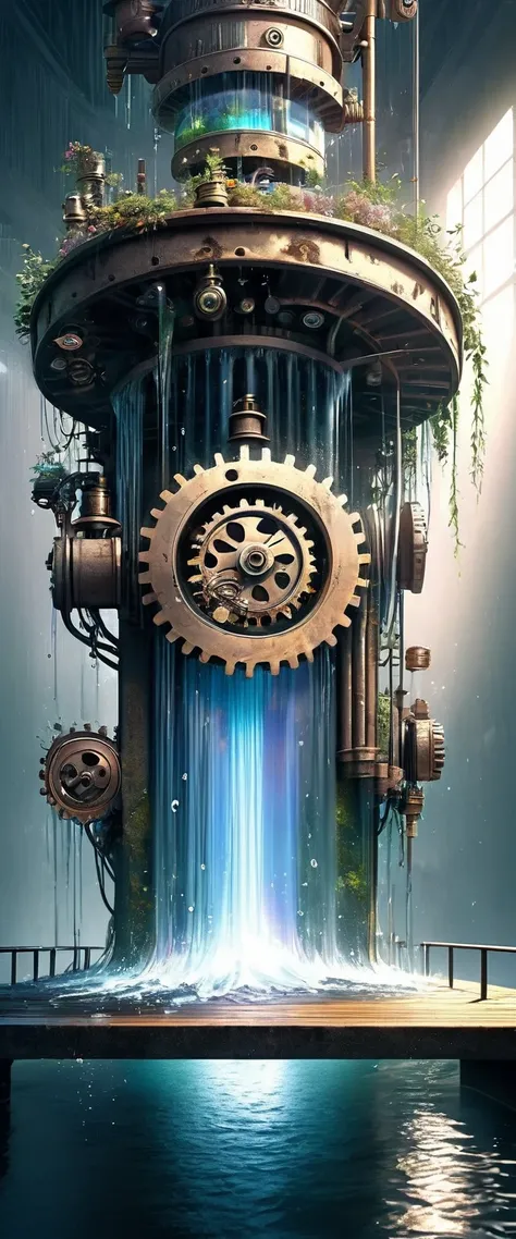 conceptual installation fantasy art, It is powered by an old retro gear mechanism that pumps water from the canal and drops it like a waterfall from the top of the tower, iridescent effects, BREAK delicate and dynamic textures, contrasts of light and shado...