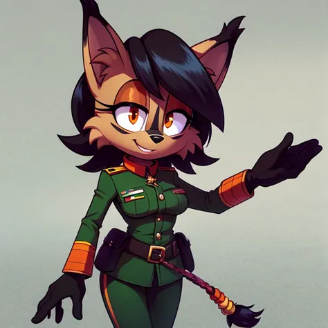 (check_9, check_8_up, 2D), sound (series), anthropomorphic lynx girl, female, athletic body, red волосы, Fluffy hair, grey wool, {{white muzzle}}, bang, orange eyes, orange eyeshadow, oval eyes, medium breasts, military uniform, Military pants, orange flow...