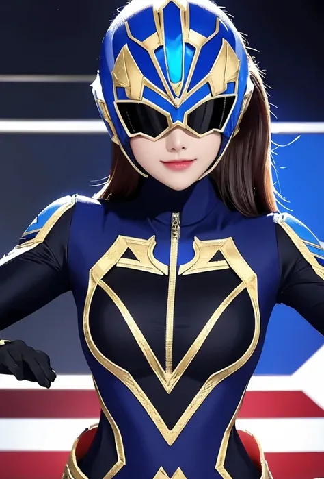 A woman smile, blue ranger suit, as she power rangers blue, leader from power rangers, helmet mask, long hair, high detailed, realistic, gloves, ultra realistic, ((full face helmet)), black shield sunglasses on eyes, smart black sunglasses 