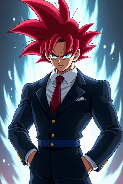 goku with red hair and blue eyes and formal suit Accurate, High resolution, masterpiece, dbs style