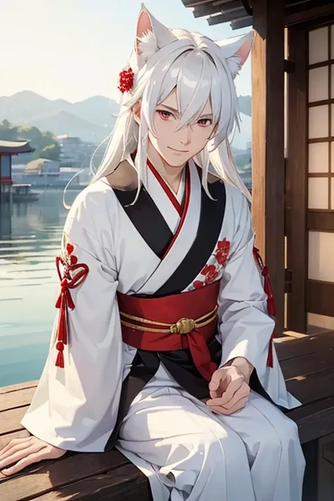 ((The best quality)), ((masterpiece)), (detailed), handsome man with waist-length white hair, red eyes, white cat ears, White and gold kimono with flower details on the sleeves, sitting on a Japanese pier, Smiling