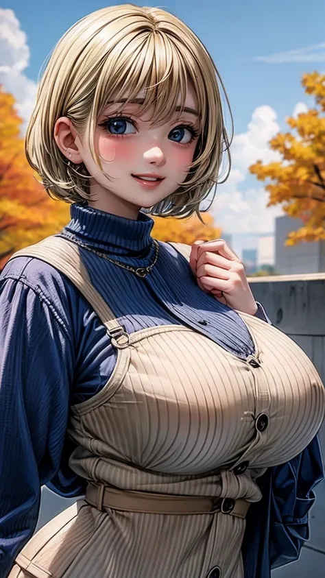 blonde、girl、Bobcut、smile、Saggy breasts、Big Breasts、Autumn Clothes