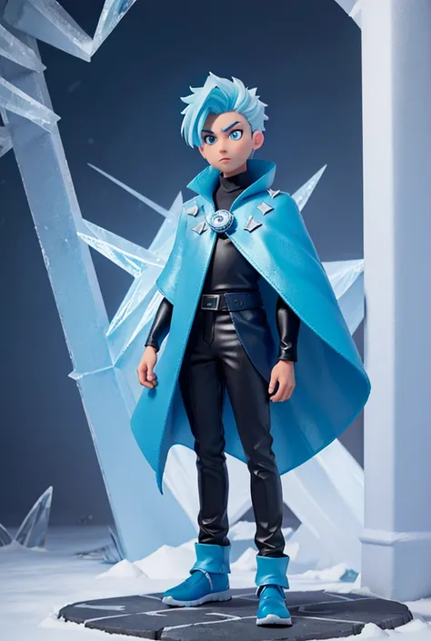 Full Body Photo. 8K HD high wuality image. A cool spiky boy in Disney art style. Icy frost color hair, Sky blue eye color, Icy frost cape, Sky blue leather jacket, Black turtle neck, sky blue oversized silk pants, and sky blue glowy shoes. 


