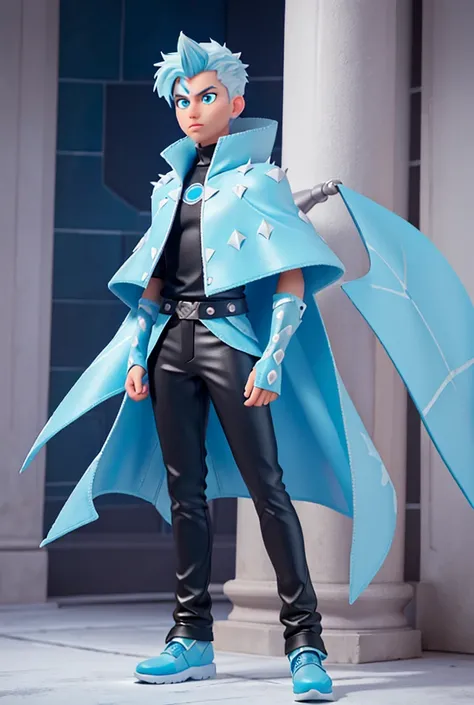 Full Body Photo. 8K HD high wuality image. A cool spiky boy in Disney art style. Icy frost color hair, Sky blue eye color, Icy frost cape, Sky blue leather jacket, Black turtle neck, sky blue oversized silk pants, and sky blue glowy shoes. 


