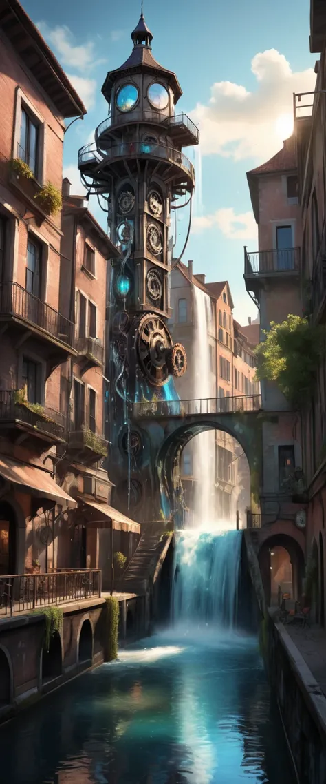 conceptual installation fantasy art, It is powered by an old retro gear mechanism that pumps water from the canal and drops it like a waterfall from the top of the tower, iridescent effects, BREAK delicate and dynamic textures, contrasts of light and shado...