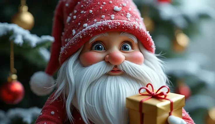 (photorealism:1.2), ultra high-definition, hyper-realistic close-up shot of a festive Christmas gnome with a long white beard and a tall red hat. The gnome stands in front of a snow-covered Christmas tree, holding a tiny present wrapped in gold. Snowflakes...