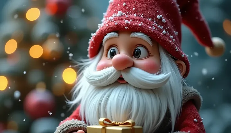 (photorealism:1.2), ultra high-definition, hyper-realistic close-up shot of a festive Christmas gnome with a long white beard and a tall red hat. The gnome stands in front of a snow-covered Christmas tree, holding a tiny present wrapped in gold. Snowflakes...