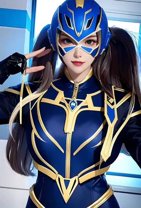 A woman smile, blue ranger suit, as she power rangers blue, leader from power rangers, helmet mask, long hair, high detailed, realistic, gloves, ultra realistic, ((full face helmet)), black shield sunglasses on eyes, smart black sunglasses 