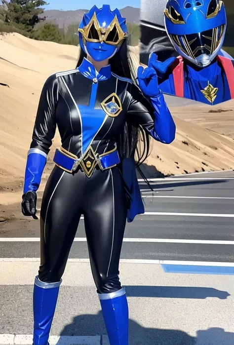 A woman smile, blue ranger suit, as she power rangers blue, leader from power rangers, helmet mask, long hair, high detailed, realistic, gloves, ultra realistic, ((full face helmet)), black shield sunglasses on eyes, smart black sunglasses 