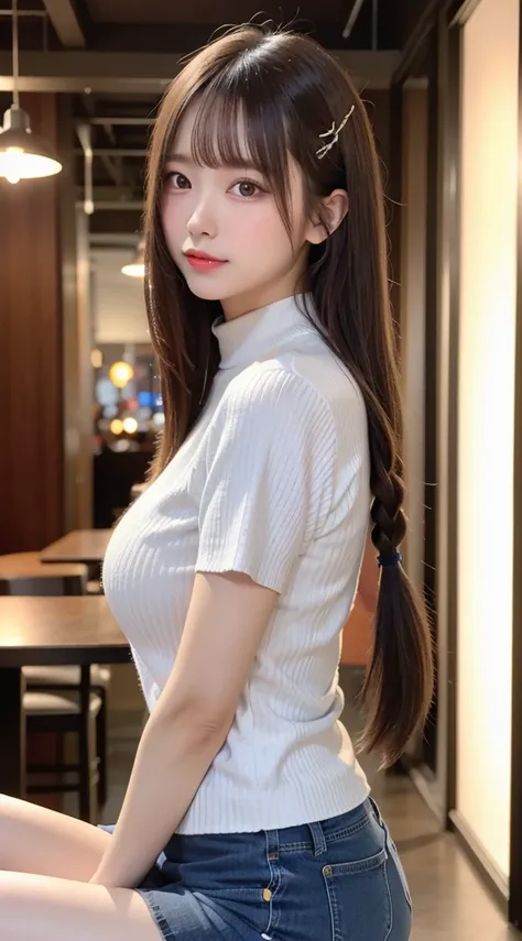 beautiful girl, Very beautiful detailed face, Laugh shyly, Deep Valley), ((With the camera behind me))、(She has big breasts、White high neck ribbed knit T-shirt.Denim skirt、Sideways to the viewer、Showing off your thighs:1.3), (Large Breasts.), (Tight clothi...