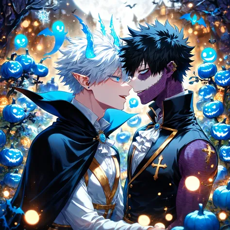 absurdres, highres, ultra detailed, HDR, master piece, best quality, detailed eyes, delicated features, Dabi, black hair, expressive turquoise eyes, Boku No Hero Academia, Gojou Satoru, white hair, expressive blue eyes, white eyelashes, two sexy men togeth...