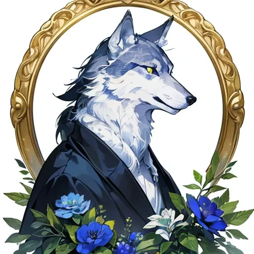 highest quality, highest quality, (((One Wolf))), logo, White background only, Symbolism, 14k, Complex and detailed, simple frame, green, (((no human))), Fine fur, sparkling Eyes, corporate logo, Panorama, Long Shot, front, blue flower, Top Quality