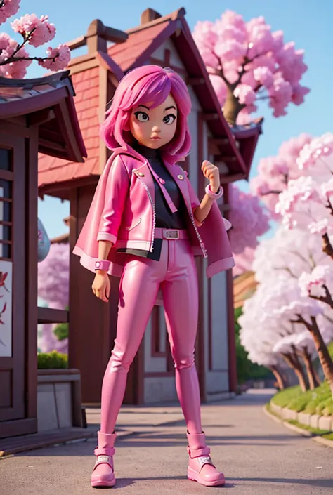 Full Body Photo. 8K HD high quality image. A cool ASIAN girl in Disney art style. pink hair, pink eye color, cherry blossom cape, pink leather jacket, Black turtle neck, cherry blossom oversized silk pants, and pink glowy shoes. 


