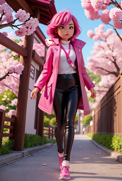 Full Body Photo. 8K HD high quality image. A cool ASIAN girl in Disney art style. pink hair, pink eye color, cherry blossom cape, pink leather jacket, Black turtle neck, cherry blossom oversized silk pants, and pink glowy shoes. 


