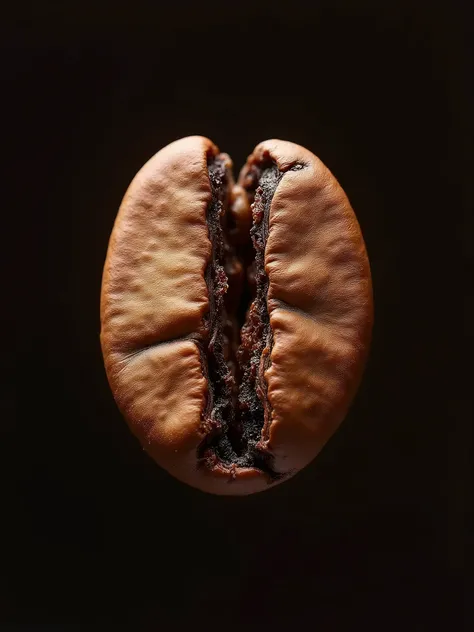 Macro shot of the coffee bean slowly cracking open, revealing the inner layers. The coffee bean splits, and the camera zooms in to explore the intricate inner structures. Background: Consistent dark backdrop to maintain focus on the bean. Lighting: Gentle ...