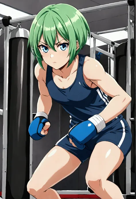 Girl boxer, short green hair, blue eyes, tomboy, training at the gym, gym clothes, Serious look, heavy training, fighter, fighter girl, tomboy girl, short clothes, ecchi.