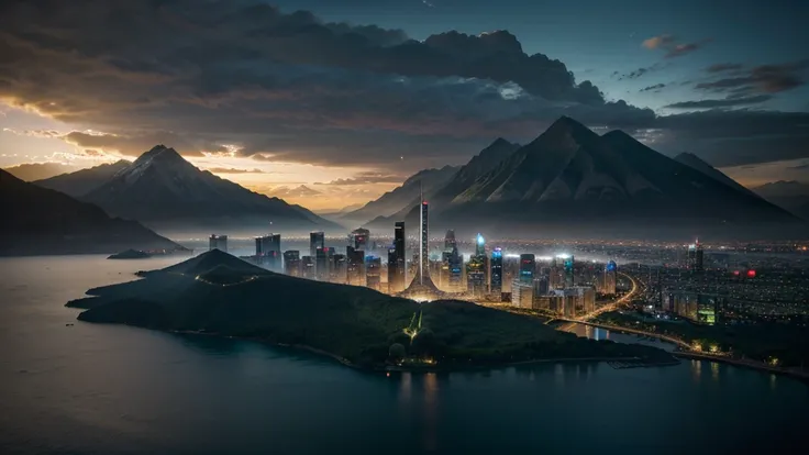 Futuristic  city (masterpiece, best quality:1.2), (masterpiece, best quality:1.2), landscape, Aerial perspective, Tropical mountains, landscape indigo accent, myth, Movie,detailed, atmosphere,Backlight,epic, Movie, Concept Art, Painted landscapes, Beautifu...