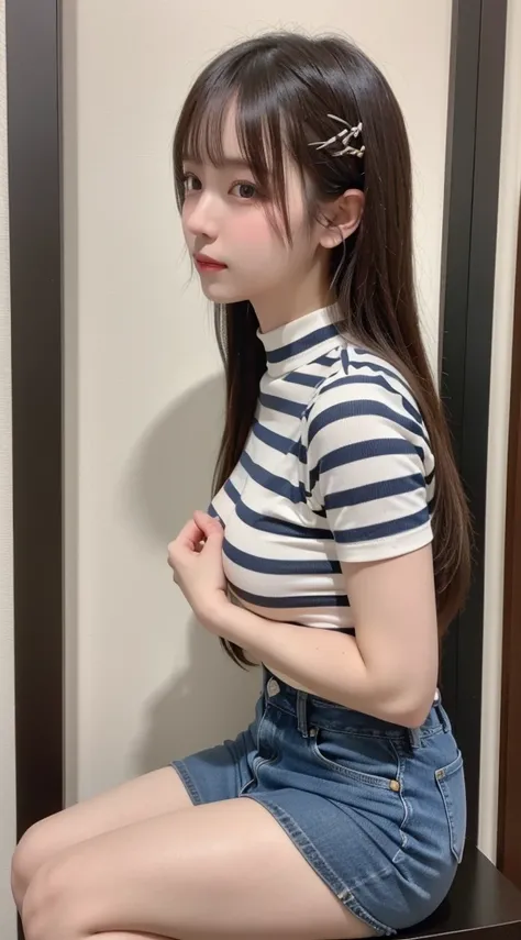 beautiful girl, Very beautiful detailed face, Laugh shyly, Deep Valley), ((With the camera behind))、(She has big breasts、(White stripes)High neck rib knit T-shirt.Denim skirt、Sideways to the viewer、Show off your thighs:1.3), (Large Breasts.), (Tight clothi...