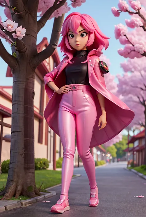 Full Body Photo. 8K HD high quality image. A cool ASIAN girl in Disney art style. long pink hair, pink eye color, cherry blossom cape, pink leather jacket, Black turtle neck, cherry blossom oversized silk pants, and pink glowy shoes. 


