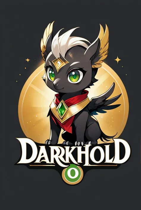 a small baby hippogriff that is white, negro, red and gold, that his eyes are green and that he is looking straight ahead so that it is for a mascot logo and the text logo that says: Darkhold 