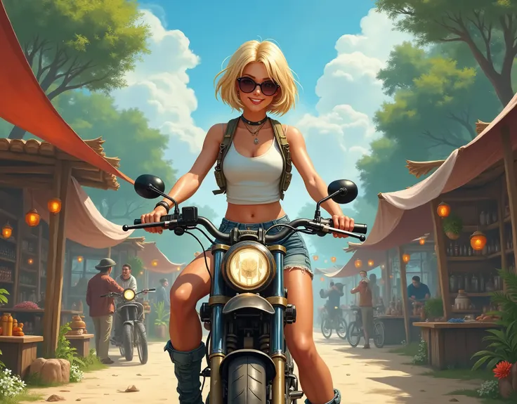 ((((masterpiece)))), expensive quality, very_expensive_solve, big_file size, Full Color, Steampunk depicting a planet of the future,, In the distant forest, A bustling foreign market, Off-road bikes. The main character is a girl with a beautiful upper body...