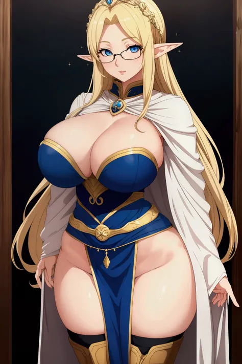 1 girl, Alone, Elf mother of , giant breasts, blonde en saco, Reika Kurashiki, blonde, Blue eyes, perfect face with wide hips and slim waist with glasses 