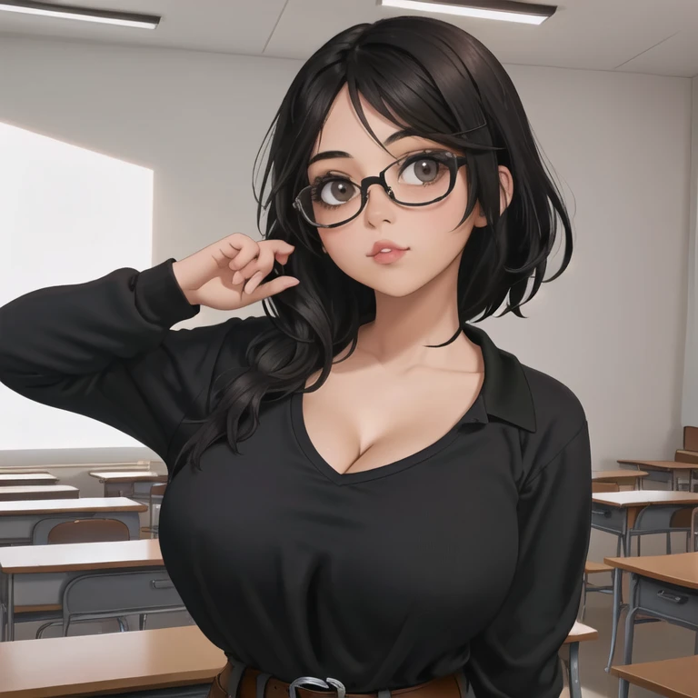 a cute petite short skinny slightly curvy emo mexican girl, short wild volumetric hair, one wearing glasses, beautiful detailed ...