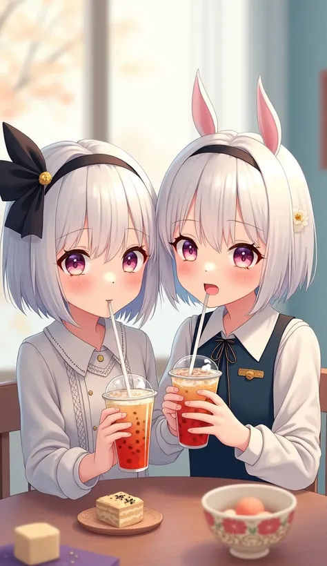 Masterpiece, Best quality, Special details, illustration,, 2 girls, white hair,Drink bubble tea, Short hair