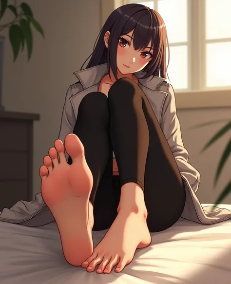 intricate anime illustration of a woman wearing leggings and a jacket, bare foot, feet focus, foot sole, depth of field, cinemat...