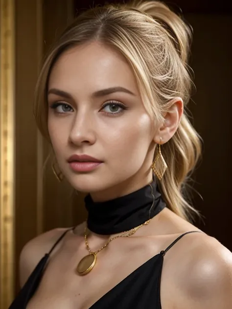 Close up shot , looking at viewer,  Russian girl, 1 old, (light blond hair, short ponytail, wince, gray eyes, beautiful lip, serious), gold crescent earrings, gold neckless, (big breasts, slender whist, wide hip), (black dress) ,  textured skin , HI detail...