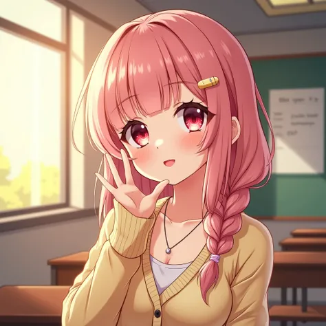 (((anime))), ((animated)), (GAL), medium hair, (braid hair:1.3), (blunt bangs:1.2),two-tone hair, blonde hair, (pink hair), round face, red eyes, (drooping eyes), (((tareme))),Pink Lip,piercing,necklace,[black skin], light smile, ((((cute)))), beautiful, 1...