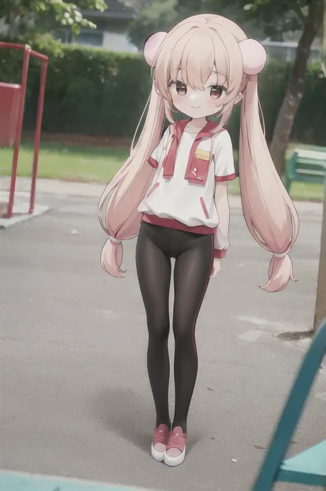 kokonoe rin, solo, twintails, sportswear, red leggins, full body, uwabaki, smile, blush, outdoors, playground, blurry background