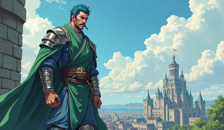 (masterpiece:1.2, best quality:1.2, extremely delicate:1.2), ((male:1.5)), a middle-aged man with spiky blue short hair, mustaches on his upper lip, a dignified long face, wise eyes, a fantasy martial arts-style green half-draped long robe, blue and white ...