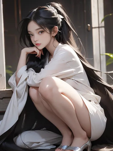 　(Upper Body Shot:1.1)　((highest quality)), ((masterpiece)), (Familiar), (Get used to it)　(Reaches up to the kneeVery long hair　highest quality　Highest detail　Reaches up to the knee、Very long hair that lasts forever:1.3　Flowing Hair　私ncredibly straight hai...