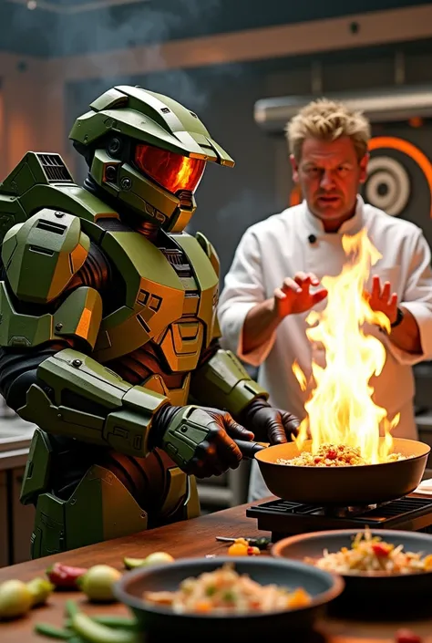 Halo Master Chief cooking on the Master Chef show while holding a flaming pan in his hand while Ordon Ramsey yells at him