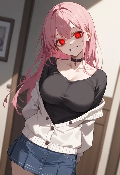 score_9, score_8_up, score_7_up, masterpiece, best quality, very aesthetic, absurdres, 1girl, Pink hair、White cardigan、Black Shirt、Denim skirt、mini skirt、Red eyes with cracked collarbone、Large Breasts、Black choker、(Head tilt:0.8)、smile、Arms folded behind b...