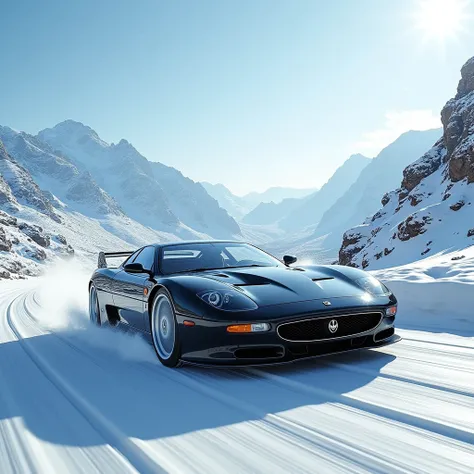 A Jaguar XJ220 going full speed on a beautiful snowy road in Gran Canaria on a beautiful day