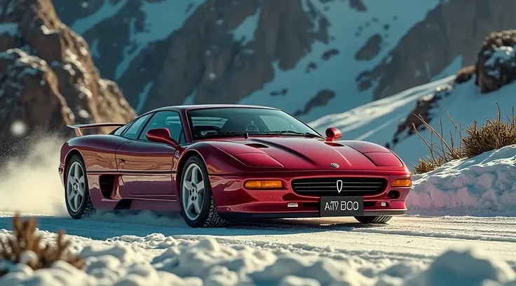 A Jaguar XJ220 going full speed on a beautiful snowy road in Gran Canaria on a beautiful day