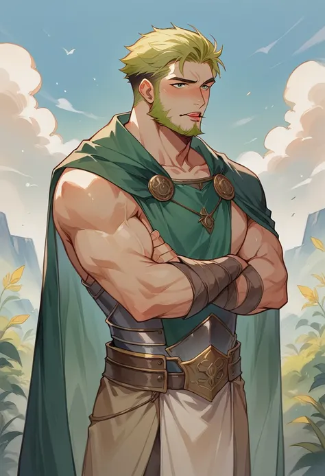 Olurgon has a strong, muscular appearance, with long blond hair and a well-groomed beard. He wears lambskin armor and a dark green cloak, and carries a bow made of oak wood, which he calls Gorgon, which means "devastating" in his sacred tongue, 8k high def...