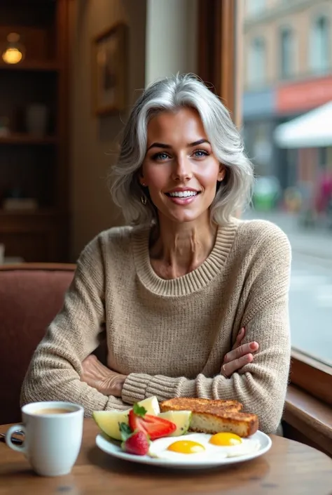 Ultra-high resolution、8K、A beautiful Caucasian woman having breakfast in a street cafe，She is wearing an elegant beige sweater，Her actual age is over 50.，But she looks only in her 30s.，But the hair has turned gray，There is a plate of fruit salad on the din...