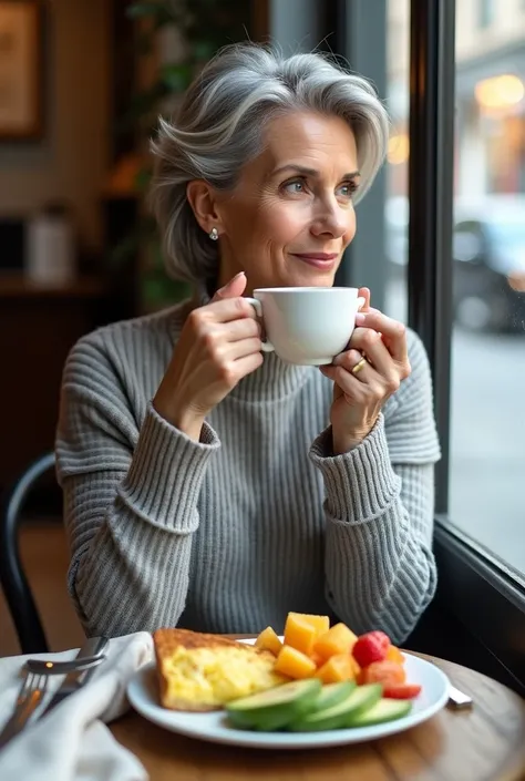 Ultra-high resolution、8K、A beautiful Caucasian woman having breakfast in a street cafe，She was wearing a beige sweater，Drinking coffee elegantly，Looking out the window。Her actual age is over 50.，But she looks only in her 30s.，But the hair has turned gray，T...