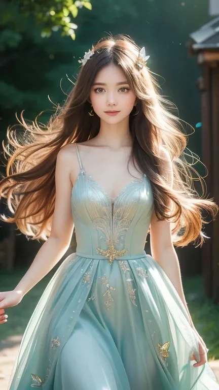 1 girl, masterpiece, Very detailed, ((Cinematic Lighting)), (Shine), ((Dramatic lighting)), ((beautiful delicate Shine)), Intricate details, Lens Flare, blonde, Long Hair, colorful dresses, Butterfly hair accessory, Butterfly, (Particles of light), Put you...